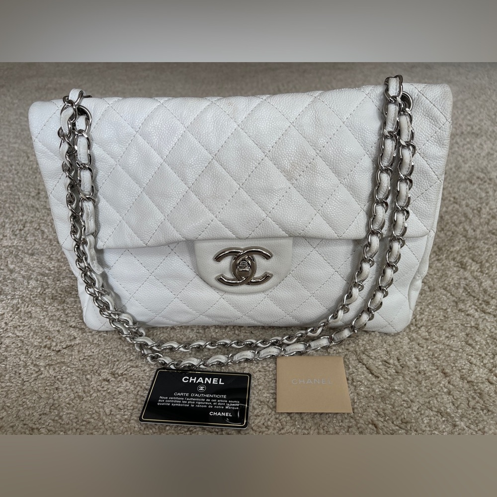 RARE VINTAGE CHANEL SOFT CAVIAR WHITE MAXI SINGLE FLAP BAG WITH AUTH CARD! WOW!